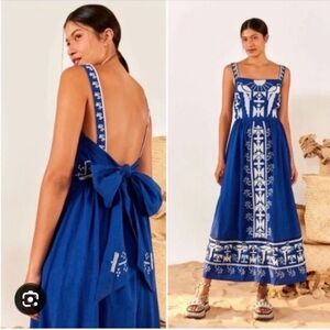 Farm Rio Navy Blue Bow Macaw Embroidered Maxi Dress Large